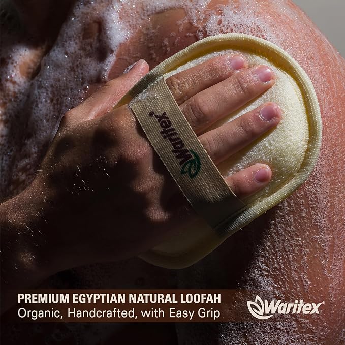 Waritex Organic Egyptian Loofah Oval Exfoliating Body Scrubbers [2 Pack] | Natural Loofah Shower Pads with Hand Strap for Gentle Skin Exfoliation, Smooth & Refreshing Skin, Face & Body Spa Experience