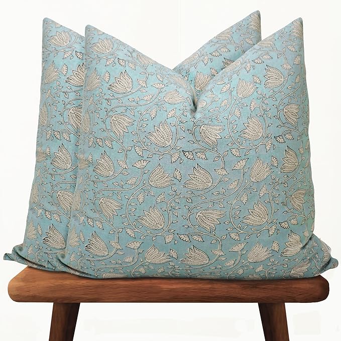 Hand-Block Printed, Artisan-Made Neutral Accent Throw Pillow Covers- 100% Cotton Cushion for Sofa, Bed, Chair, Home Decor, Boho, Indoor - Sansa (Light Blue, 20" x 20" (Pack of 2))