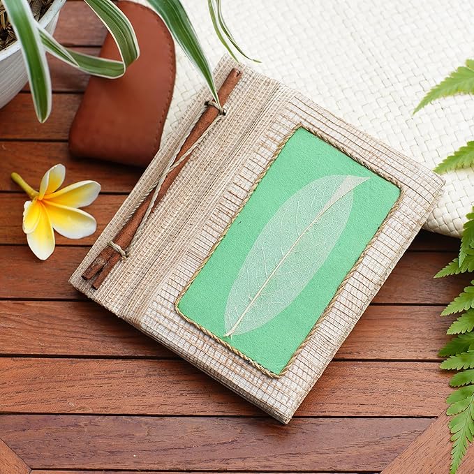 NOVICA Green Multicolor Natural Fiber Paper Eco-Friendly Journals from Indonesia 'Green Leaf'