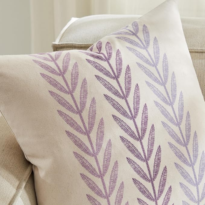 100% Cotton Farmhouse Leaves Throw Pillow Covers Set of 2, 24x24 Inch Mixed Purple Pastoral Decorative Print Cushion Covers for Sofa Bed Living Room Home Decor
