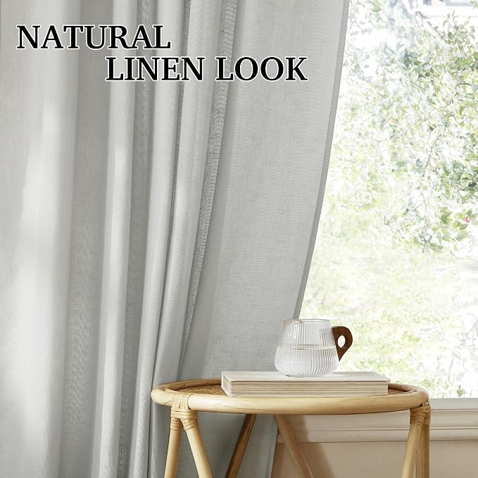 RYB HOME Farmhouse Curtains 90 inches Long, Linen Textured Semi Sheer Flowy Privacy Blind Shade for Dormitory Sliding Glass Door, W 52 x L 90 inches, 2 Panels Set