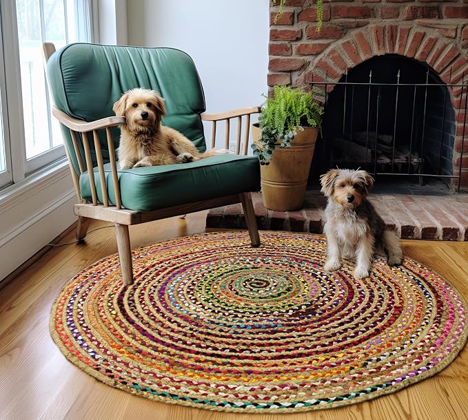 COTTON CRAFT Jute Chindi Braid Rag Rug - Boho Farmhouse Rustic Area Accent Throw Rug - Handwoven Reversible Natural Recycled Cotton - Living Room Den Study Home Décor Gift - 6 Feet Round - Multi Color