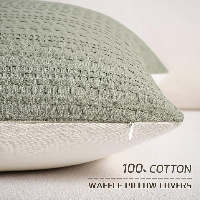 ZeeMart 100% Cotton Waffle Textured Throw Pillow Covers Set of 2, 22x22 Inch Olive, Soft Farmhouse Decorative Couch Pillow Cases Sage Green Cushion Covers for Sofa Bed Living Room Home Decor
