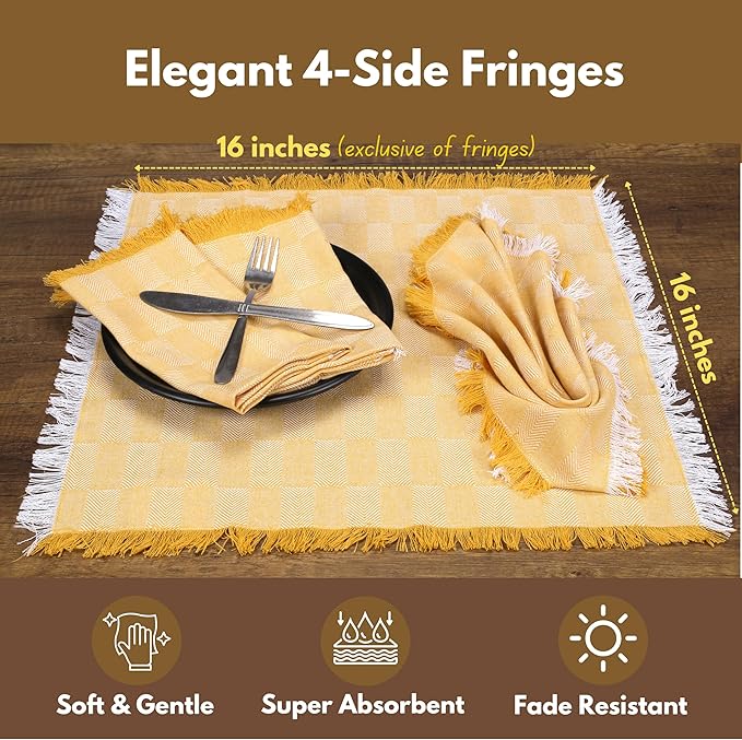 Native Fab Cloth Napkins Set of 4, 16"x16", Herringbone Weave, 100% Cotton Napkins with Handmade Fringes, Resuable Table Napkins for Dinner, Cocktail, Holiday, Wedding - Mustard Yellow