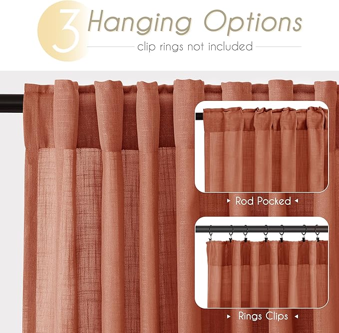 120 inch Linen Terracotta Curtains 2 Panels for Living Room Back Tab Light Filtering Semi Sheer Rust Colored Curtains 120 inches Long Soft Thick Cotton Cloth Textured Rustic Boho Farmhouse Room Decor