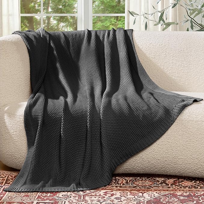 100% Cotton Cable Knit Throw Blanket, Large Lightweight Soft Knit Blanket for Sofa Couch Bed, Breathable All-Season Throw, Cozy Decorative Blanket, 60 x 80 Inch,Grey