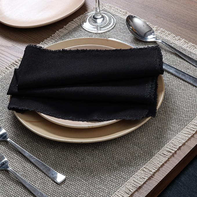 Ramanta Home Cloth Napkins Set of 4 Black 18x18 Inch - Spring Soft & Durable Frayed Dinner Napkin for Easter Wedding, Birthday, Party | Heavy Weight Fabric Table Linen for Everyday Use Family Dinners