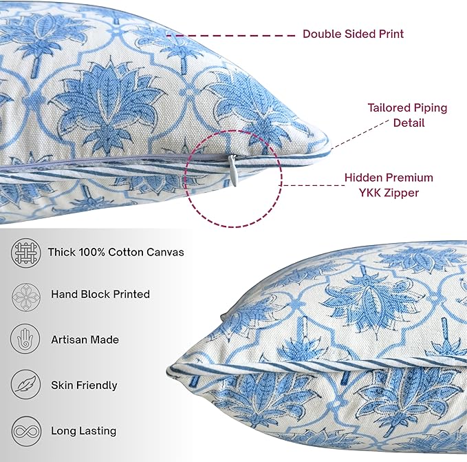 ATOSII Block Print Throw Pillow Covers, 18 X 18 - Set of 2, Decorative Couch Pillows for Living Room Bed Sofa, 100% Cotton Canvas Pillow Case for Home Decor & Outdoors, Preppy Throws - Padma Blue