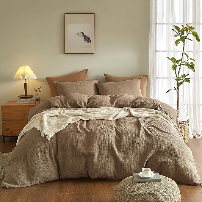 SE SOFTEXLY Muslin Duvet Cover King Size, 100% Washed Cotton Duvet Cover Set, Ultra Soft Comforter Cover Linen Like, 3 Pieces Minimalist Gauze Duvet Cover with 2 Pillowcases, 90"x104", Light Brown