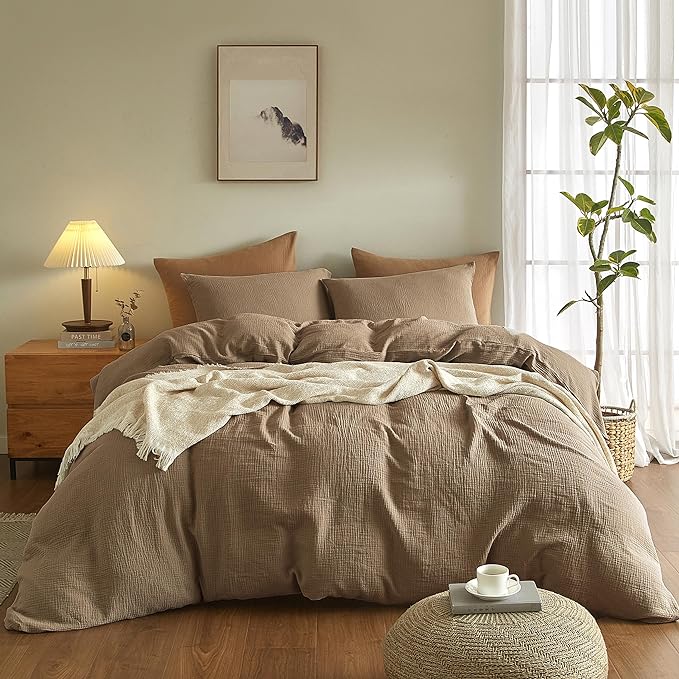 SE SOFTEXLY Muslin Duvet Cover Queen Size, 100% Washed Cotton Duvet Cover Set, Ultra Soft Comforter Cover Linen Like, 3 Pieces Minimalist Gauze Duvet Cover with 2 Pillowcases, 80"x90", Light Brown