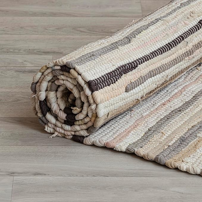 HOMEMONDE Beige Chindi Rug 3'x5' Recycled Soft Cotton Rag Rug Hand Crafted Reversible Boho Decor for Bedroom, Living Room, Kitchen, Entyrway