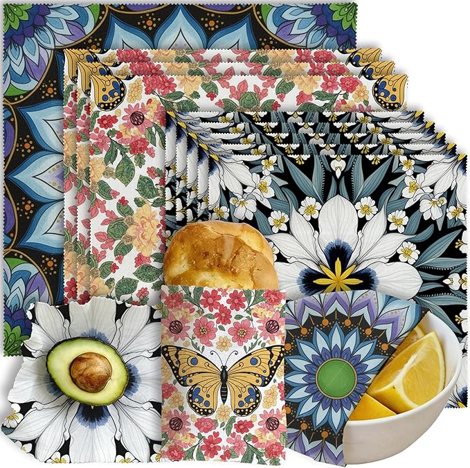 Reusable Beeswax Wrap, 9 Pack Eco-Friendly Beeswax Wraps For Food, Organic, Sustainable, Biodegradable, Zero Waste, Plastic-Free Storage, 1XL, 3M, 5S (Floral, Butterfly & Mandala)