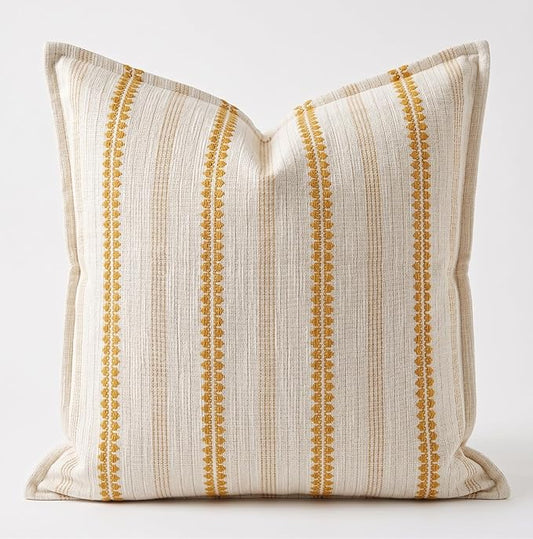 SanVia Cotton Throw Pillow Covers 20x20 – Handwoven Jacquard Texture, Fade-Resistant, No Pilling – Hidden Zipper, Decorative Cushion Cover for Sofa, Couch, Bed – Insert Not Included (Striped, White)