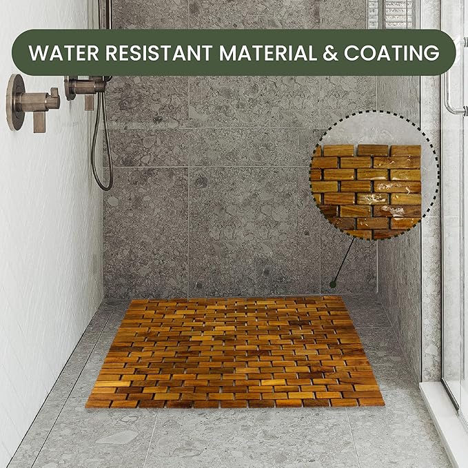 Teak Bath Mat & Shower Mat (24" x 16.5") | Wooden Flooring for Bathtub & Bathroom | Foldable & Non Slip Wood Bathmat