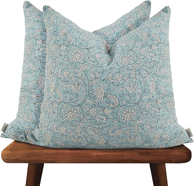 Hand-Block Printed, Artisan-Made Neutral Accent Throw Pillow Covers- 100% Cotton Cushion for Sofa, Bed, Chair, Home Decor, Boho, Indoor - Lina (Blue, 20" x 20" (Pack of 2))