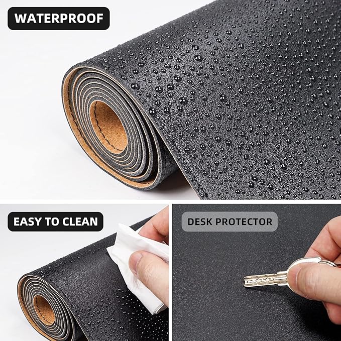 AFIING Leather Desk Pad Protector, Large Mouse Pad, Dual-Sided PU Leather & Natural Cork Desk Mat, Non-Slip Waterproof Laptop Desk Blotter for Office and Home, 23.6" x 13.7", Black