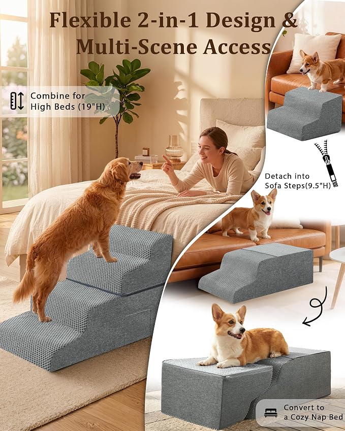 Dog Stairs for Bed, 19" H 4-Step Dog Steps for Window Seat & Loft Couch, Non-Slip Stable Pet Stairs for Small & Senior Dogs, Senior-Friendly Gentle Steps, Foldable Doggy Stairs for Resting