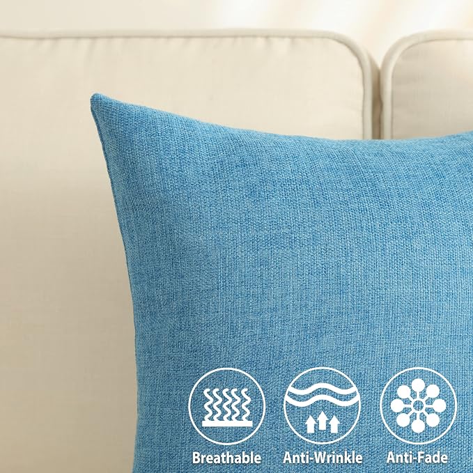 Stellhome Pack of 2 Linen Throw Pillow Covers Solid Fall Decorative Cushion Covers Pillowcase for Home Decoration, 16x16 Inch, Blue