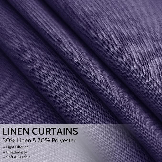 Purple Linen Curtains 90 Inch Long 2 Panels Set for Bedroom Living Room, Soft Linen Textured Window Drapes Semi Sheer Light Filtering Rod Pocket Back Tab Morden Style 52x90