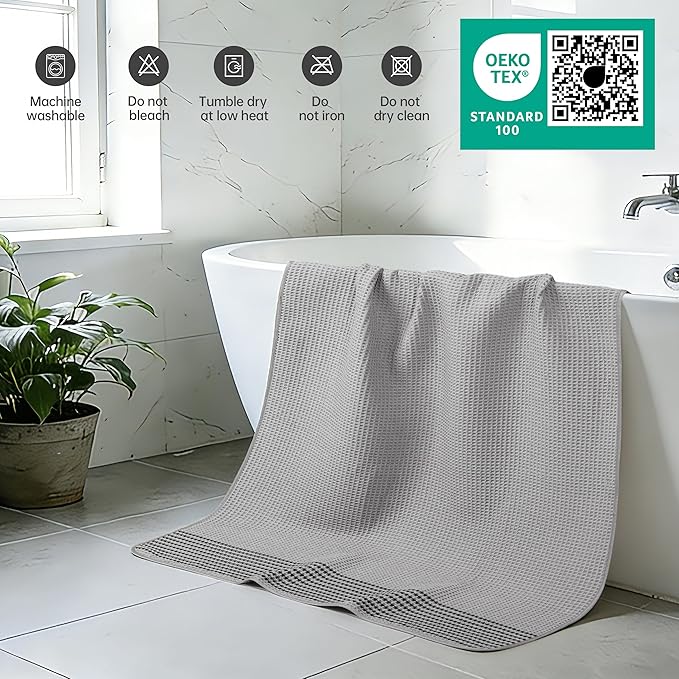 MICROFI New Microfiber Waffle Bath Towels, 2 Pieces, Soft, Absorbent, Fast Drying, Lint Free 430 GSM (Silver Striped)