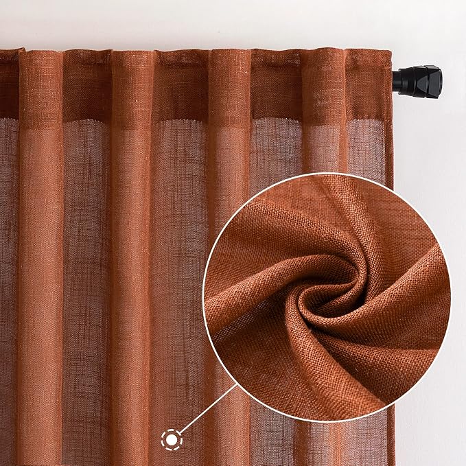 MIULEE Burnt Orange Linen Curtains 96 Inch Long for Bedroom Living Room, Soft Thick Linen Textured Window Drapes Terracotta Rust Boho Fall Decor Semi Sheer Light Filtering Back Tab 2 Panels