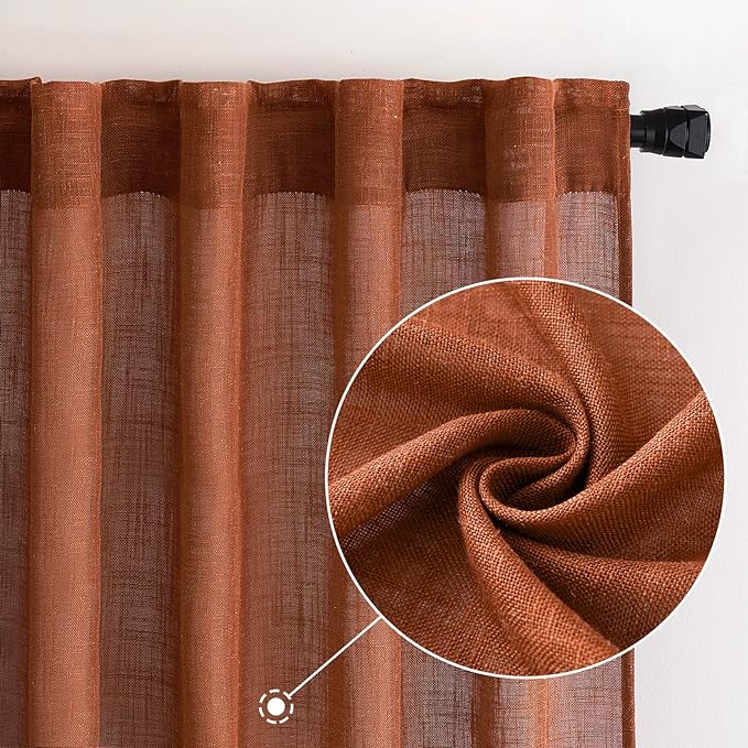 MIULEE Burnt Orange Linen Curtains 120 Inches Long for Living Room, Soft Thick Linen Textured Window Drapes Terracotta Rust Fall Decor Semi Sheer Light Filtering Rod Pocket Back Tab, 2 Panels 10 Ft