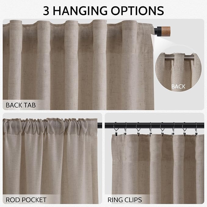 Ecru Linen 144 Inch Curtains for Living Room Light Filtering Semi Sheer Curtain Back Tab Rustic Farmhouse Decor Burlap Elegant Soft Drapes Floor to Ceiling High Window for Bedroom 52x144, 2 Panels