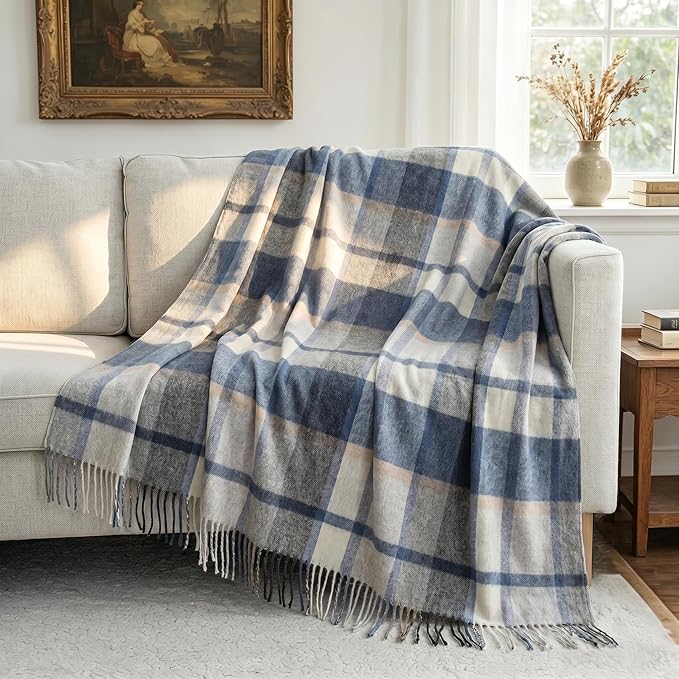 100% Wool Blanket Throw,Blue Plaid Wool Blanket with Compact Bag,Rustic Soft Lightweight Blanket for Couch,Sofa,Bed & Lounging Decoration, Warm Travel Blanket for Home, Airplane,Ideal Gifts 55"x83"