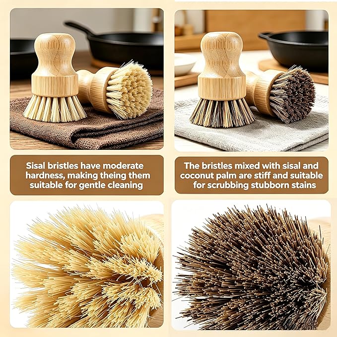 Bamboo Dish Brush Set with Palm and Sisal Bristles, 4 Pcs Natural Bamboo Dish Scrubber Brush for Kitchen Cleaning, Pots, Pans, Vegetables, Fruit