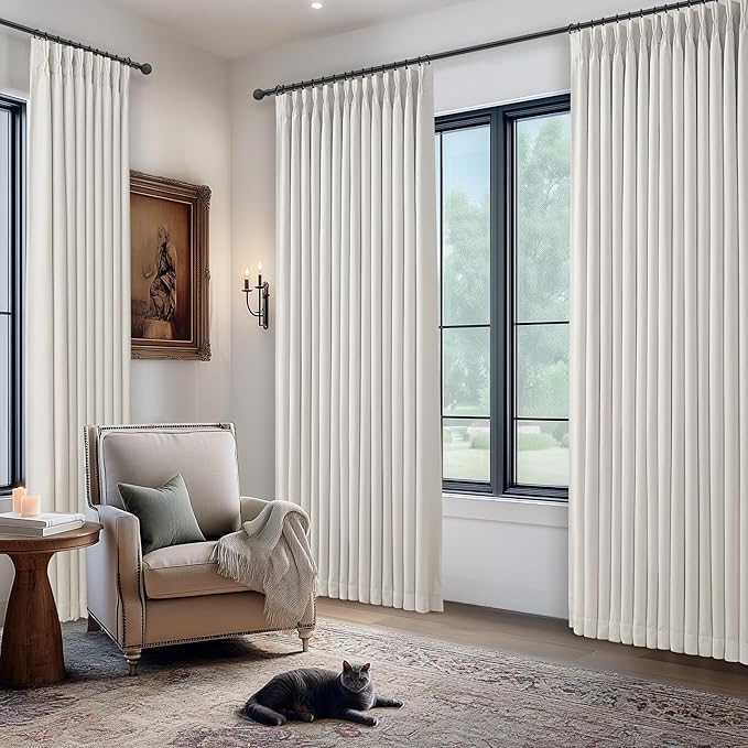 70 Inch Extra Wide 100% Blackout Curtains 92 Inches Long 2 Panels Set for Kids Room, Beige White Memory Trained Pleated Thick Linen Thermal Noise Reducing Neutral Windows Curtain Light Blocking Drapes