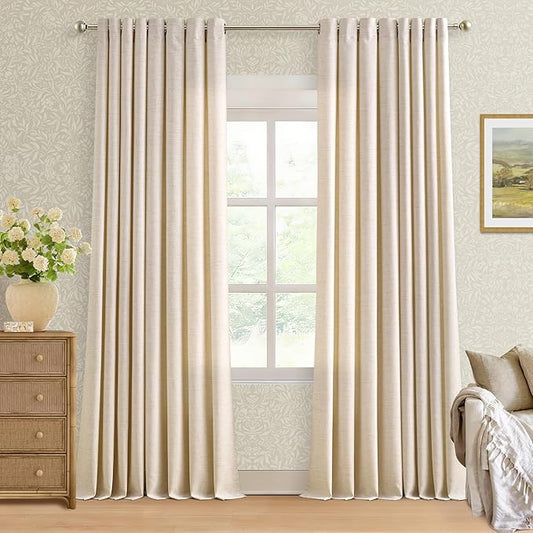 90 Inch Length 2 Panels Oatmeal Beige Linen Curtains Light Filtering Semi Sheer Grommet Drapes Thick Linen Privacy Boho Farmhouse Window Curtain for for Bedroom Sliding Door 52x90