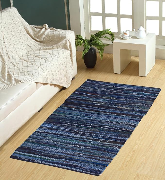 Handmade Cotton Chindi Rug Runner Area Rag Washable Recycled Rugs for Home Décor, Living Room and Bedroom (NavyBlue, 3X5 Feet)