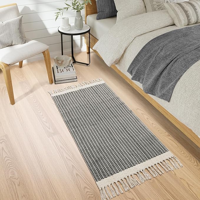 Lahome Belle Boho Kitchen Runner, 2x4.3 Bathroom Runner Rug Lightweight Entryway Rug Woven Cotton Throw Mat with Tassels, Farmhouse Non Shedding Washable Grey Rugs Low Pile for Bedroom Doorway