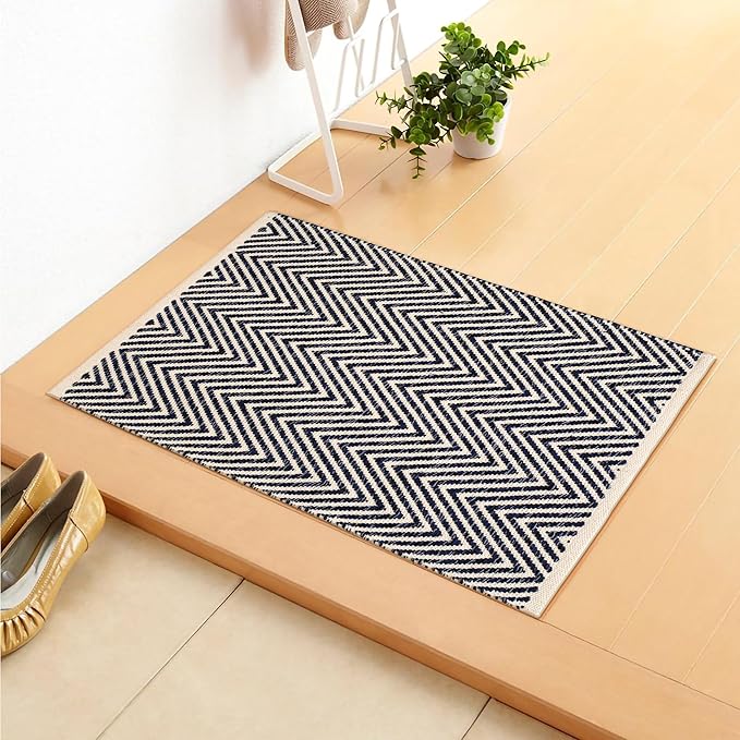 Cotton Chevron Hand Woven Area Rug 2x3 Feet - Navy Blue, Farmhouse Decorative Floor Small Rugs Ideal for Entryway, Kitchen, Bedroom | Washable Durable Geometric Reversible Front Door Patio Mats