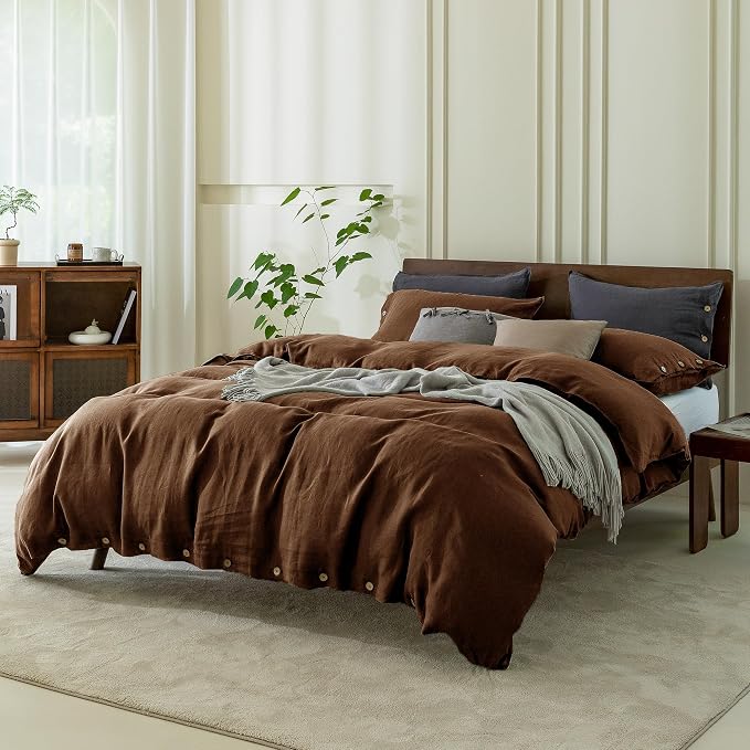 EVERLY 100% Pure Linen Duvet Cover Set Oversized King Size 120X98Inch 3pcs(1 Duvet Cover,2 Pillowcases) Soft and Breathable All Season with Coconut Button Closure Suitable for Hot Sleepers-Chocolate