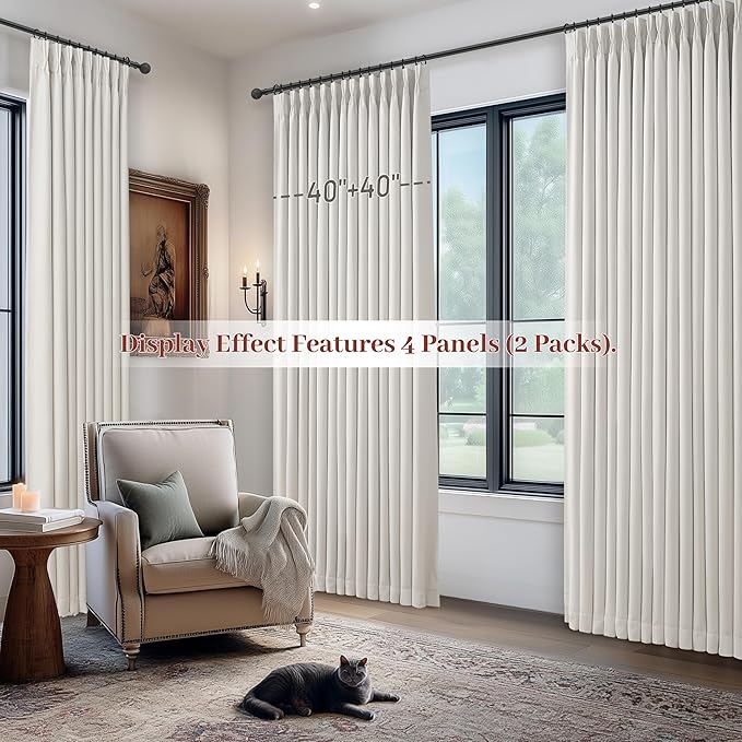 100% Blackout Linen 96 Inch Curtains 2 Panel Set for Bedroom, Modern Pinch Pleated Natural Linen Off Beige White Insulated Heavy Curtain 40 x 96 Inches Length Sliding Glass Door Room Darkening Drapes