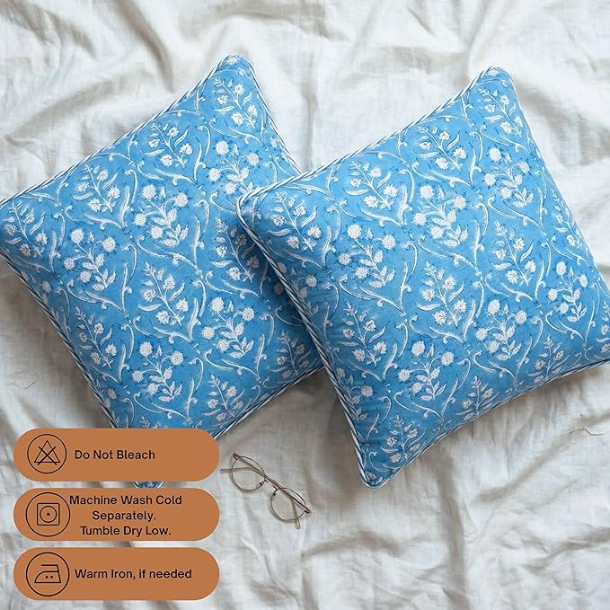 ATOSII Block Print Throw Pillow Covers, 24" X 24" - Set of 2, Decorative Couch Pillows for Living Room Bed Sofa, 100% Cotton Canvas Pillow Case for Home Decor & Outdoors, Preppy Throws - Maya Blue