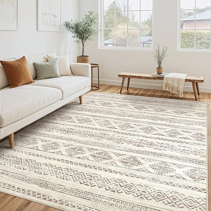 Tortania Area Rug Living Room Rugs - 6x9 Washable Large Soft Neutral Boho Moroccan Bohemian Farmhouse Rug Indoor Floor Carpet for Bedroom Under Dining Table Home Office Decor - Brown