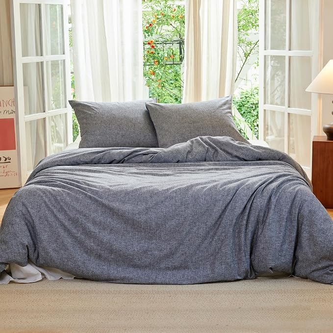 Simple&Opulence Linen Duvet Cover Set King Size - French Linen Cotton Woven Blend in Dark Grey, 3 Pieces (1 Comforter Cover 104x92” + 2 Pillowcases), Soft & Breathable All-Season Farmhouse Bedding