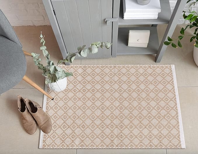 Cotton Diamond Woven Area Rug 2x3 Feet - Beige, Anti Slip Decorative Durable Boho Front Door Throw Mats Ideal for Entryway, Kitchen, Office | Teal Farmhouse Indoor Daily Use Patio Rugs for Bedroom