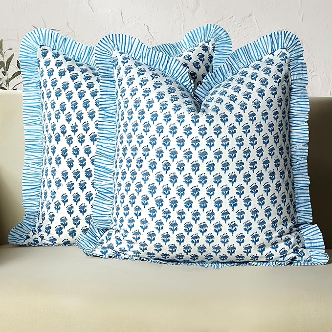CPC Block Print Ruffle Throw Cover Apatite Blue 24"x24" Inch Pack of 2-100% Cotton Ruffle Couch Decorative Boho Pillows Case for Living Room, Bedroom, Sofa, Farmhouse Gift for Spring, Mother's Day