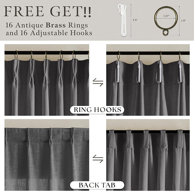 Gray Linen Pinch Pleated Curtains 108 Inches Long 2 Panels for Living Room Bedroom Light Filtering Linen Drapes 108 Inch Length Charcoal Grey Semi Sheer Memory Shape Trained Ceiling Floor Curtain 9Ft