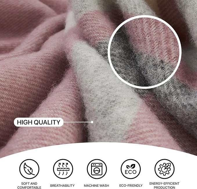 New Zealand Virgin Wool Throw Blanket, Indoor & Outdoor Blankets and Throws, Striped Soft Blanket with Fringes, 55 x 79 in (140 x 200 cm), Pink, Gray, & White