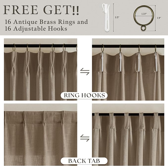 Pinch Pleated Thick Linen Curtains 72 Inches Length Latte Light Brown Rustic Light Filtering Flax Linen Drapes for Living Room Bedroom Memory Trained Pleat Curtain 2 Panels for Cabinet W50xL72