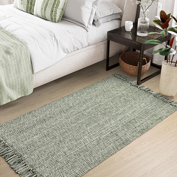 Collive Washable Area Rug 3' x 5', Modern Woven Kitchen Rugs, Olive Green/Cream Braided Cotton Rug Indoor Door Mat Throw Carpet for Entryway Living Room Nursery Mudroom Laundry Room