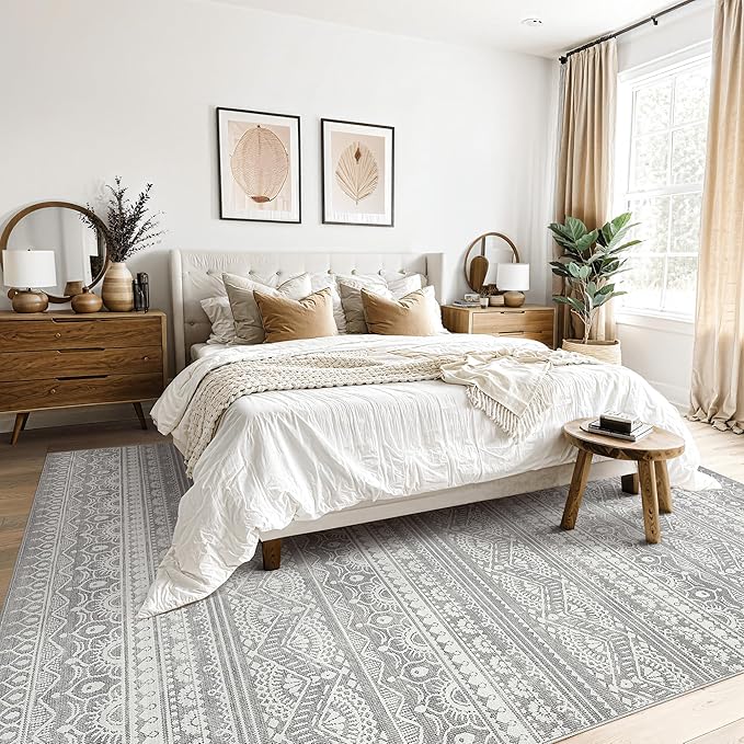 Tortania Area Rug Living Room Rugs - 5x8 Washable Large Soft Neutral Boho Moroccan Bohemian Farmhouse Rug Indoor Floor Carpet for Bedroom Under Dining Table Home Office Decor - Neutral Grey