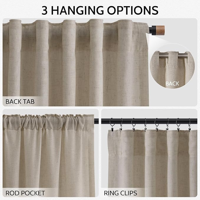 Cobblestone Linen 144 Inch Curtains for Living Room Light Filtering Semi Sheer Curtain Back Tab Modern Farmhouse Decor Elegant Drapes Floor to Ceiling High Window for Bedroom 52x144, 2 Panels