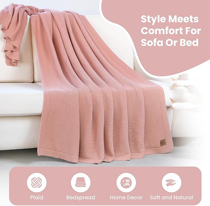 Dalisa 100% Organic Turkish Cotton Throw Blanket Harbor Mist– GOTS Certified, Cozy, with Reusable Cotton Gift Bag – Perfect for Couch, Bed, and Home Decor – Boho Vintage Knit Alina (Pink, 80x90)