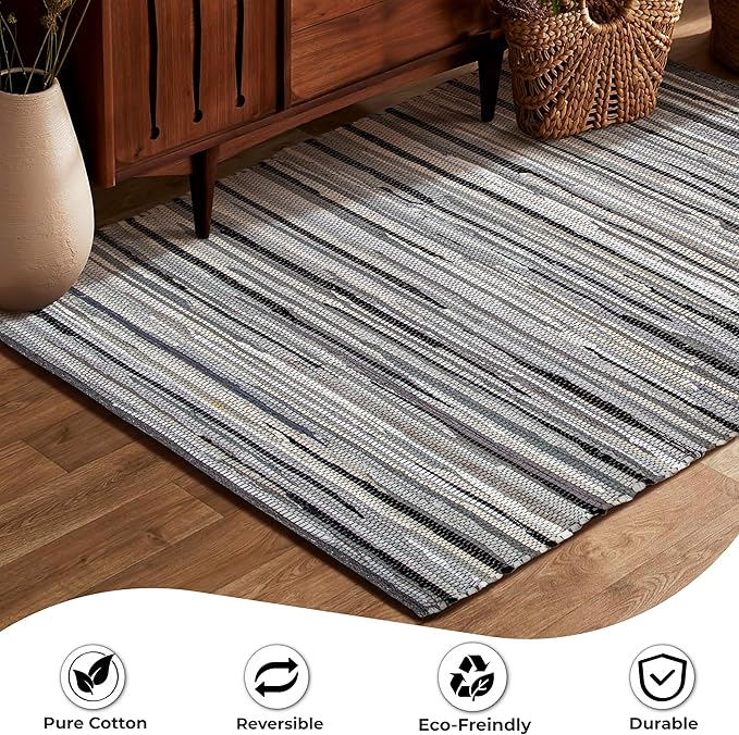 Cotton Hand Woven Chindi Rug 3x5 Feet - Charcoal, Farmhouse Stripe Reversible Throw Indoor Decorative Carpet Ideal for Hallway, Kitchen, Living Room | Grey Large Area Floor Rag Rugs for Patio
