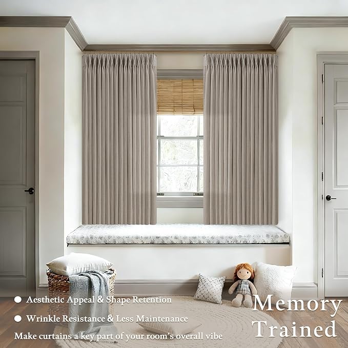 Taupe Light Filtering Kitchen Curtains 63 Inches Long 2 Sets Basement Curtains for Small Window Burlywood Birch Tan Brown Pinch Pleated Linen Short Semi Sheer Back Tab for Bay Windows 50Wx63L